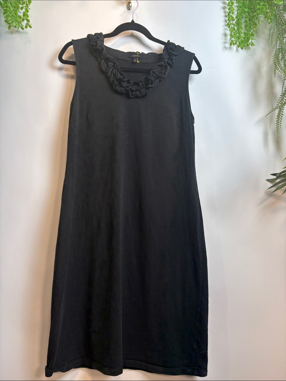 Talbots Black Sleeveless Midi Dress with Ruffle Neck - Cotton